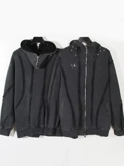 Men's Trendy American Washed Zipper Shark Masked Hooded Cardigan Sweatshirt Loose Jacket