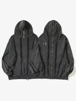 Men's Trendy American Washed Zipper Shark Masked Hooded Cardigan Sweatshirt Loose Jacket