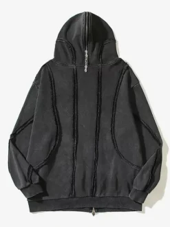 Men's Trendy American Washed Zipper Shark Masked Hooded Cardigan Sweatshirt Loose Jacket