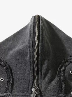 Men's Trendy American Washed Zipper Shark Masked Hooded Cardigan Sweatshirt Loose Jacket
