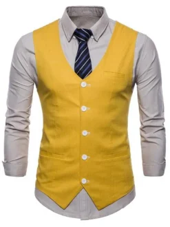 Men Suit Vest V Neck Cotton Linen Pocket Regular Fit Casual Waistcoat