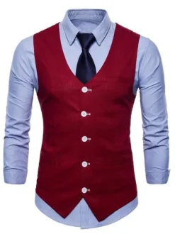 Men Suit Vest V Neck Cotton Linen Pocket Regular Fit Casual Waistcoat