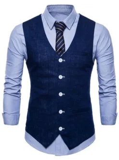 Men Suit Vest V Neck Cotton Linen Pocket Regular Fit Casual Waistcoat