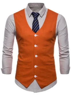 Men Suit Vest V Neck Cotton Linen Pocket Regular Fit Casual Waistcoat