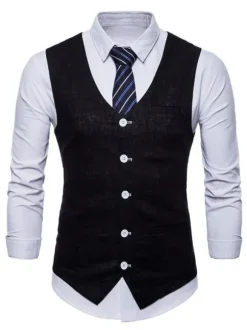 Men Suit Vest V Neck Cotton Linen Pocket Regular Fit Casual Waistcoat