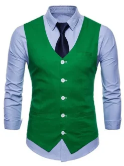 Men Suit Vest V Neck Cotton Linen Pocket Regular Fit Casual Waistcoat