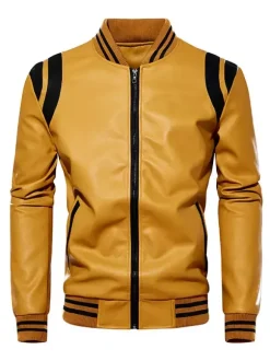 Men's Unisex Plus Size Leather Jacket Color Block Striped Zip up Stand Collar Moto Jackets