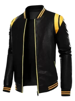 Men's Unisex Plus Size Leather Jacket Color Block Striped Zip up Stand Collar Moto Jackets