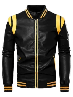 Men's Unisex Plus Size Leather Jacket Color Block Striped Zip up Stand Collar Moto Jackets