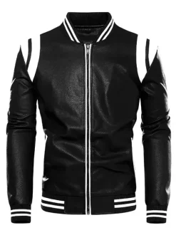 Men's Unisex Plus Size Leather Jacket Color Block Striped Zip up Stand Collar Moto Jackets