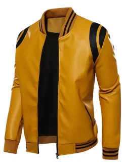 Men's Unisex Plus Size Leather Jacket Color Block Striped Zip up Stand Collar Moto Jackets