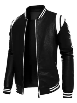 Men's Unisex Plus Size Leather Jacket Color Block Striped Zip up Stand Collar Moto Jackets