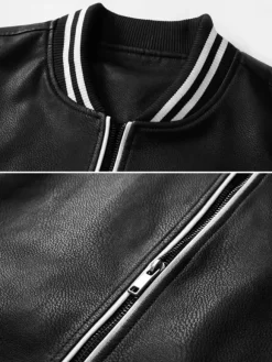 Men's Unisex Plus Size Leather Jacket Color Block Striped Zip up Stand Collar Moto Jackets