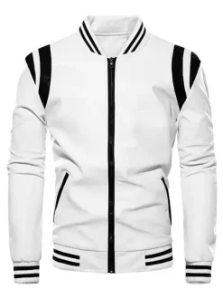 Men's Unisex Plus Size Leather Jacket Color Block Striped Zip up Stand Collar Moto Jackets