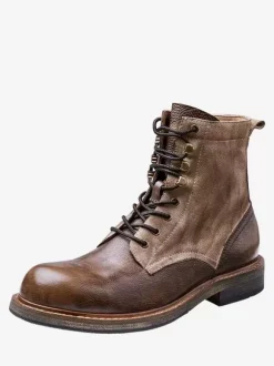 Men's Velvet Martin Work Motorcycle Boots Deep Brown Cowhide Round Toe Short Boots
