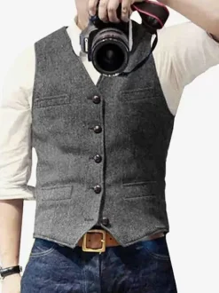 Men's Vest Herringbone Pattern Wedding Dress Vest British Style Vest