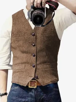 Men's Vest Herringbone Pattern Wedding Dress Vest British Style Vest