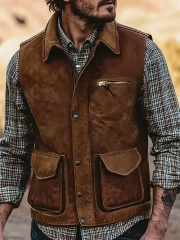 Men’s Vintage Casual Multi Pocket Outdoor Motorcycle Vest With Lapel Collar