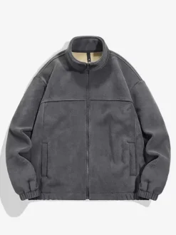 Men's Warm Winter Zipper Jacket Casual Stand Collar Cotton Fleece Coat