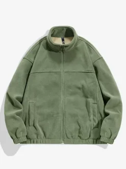 Men's Warm Winter Zipper Jacket Casual Stand Collar Cotton Fleece Coat