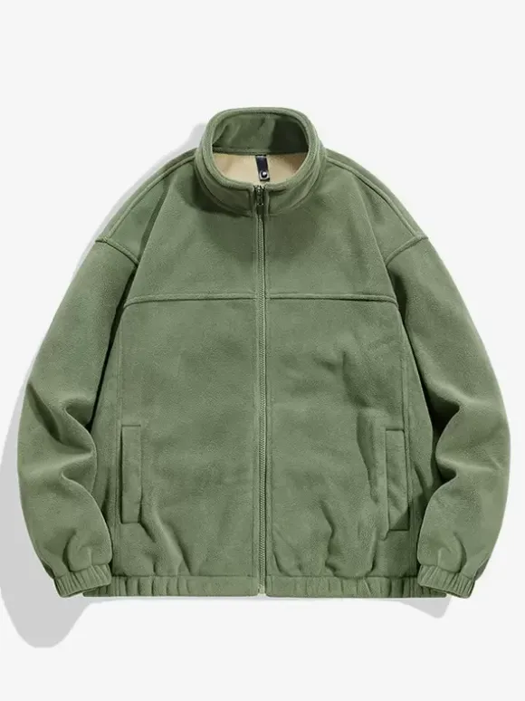 Men's Warm Winter Zipper Jacket Casual Stand Collar Cotton Fleece Coat