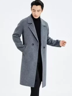 Men's Warm Woolen Coat Turn Down Collar Lapel Chic Long Winter Jacket
