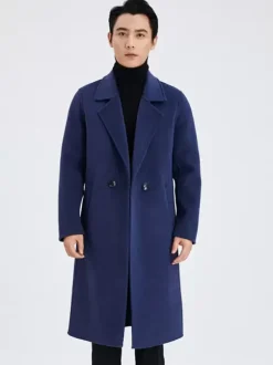 Men's Warm Woolen Coat Turn Down Collar Lapel Chic Long Winter Jacket