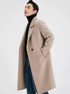 Men's Warm Woolen Coat Turn Down Collar Lapel Chic Long Winter Jacket