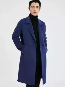 Men's Warm Woolen Coat Turn Down Collar Lapel Chic Long Winter Jacket