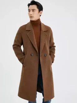 Men's Warm Woolen Coat Turn Down Collar Lapel Chic Long Winter Jacket