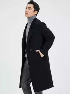 Men's Warm Woolen Coat Turn Down Collar Lapel Chic Long Winter Jacket