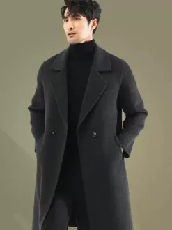 Men's Warm Woolen Coat Turn Down Collar Lapel Chic Long Winter Jacket