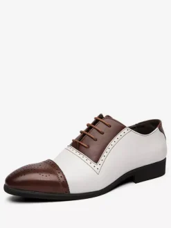 Mens Wedding Dress Oxford Formal Shoes Round Toe Strap Adjustable Color Block White Leather Wedding Dress Shoes