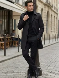 Men's Windbreaker Simple Mid-Length Windbreaker Jacket Business Lapel Trench Coat