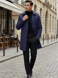 Men's Windbreaker Simple Mid-Length Windbreaker Jacket Business Lapel Trench Coat
