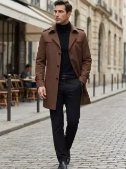 Men's Windbreaker Simple Mid-Length Windbreaker Jacket Business Lapel Trench Coat