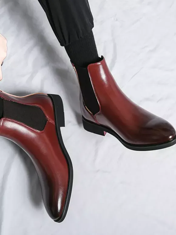 Mens Wine Red Chelsea Boots Pointed Toe Low Heel Elastic Ankle Boots Dress Casual Slip-On