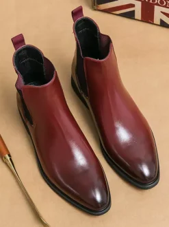 Mens Wine Red Chelsea Boots Pointed Toe Low Heel Elastic Ankle Boots Dress Casual Slip-On