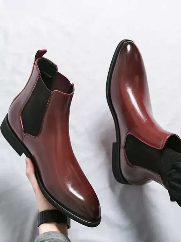Mens Wine Red Chelsea Boots Pointed Toe Low Heel Elastic Ankle Boots Dress Casual Slip-On