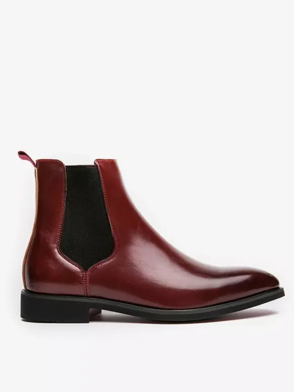 Mens Wine Red Chelsea Boots Pointed Toe Low Heel Elastic Ankle Boots Dress Casual Slip-On