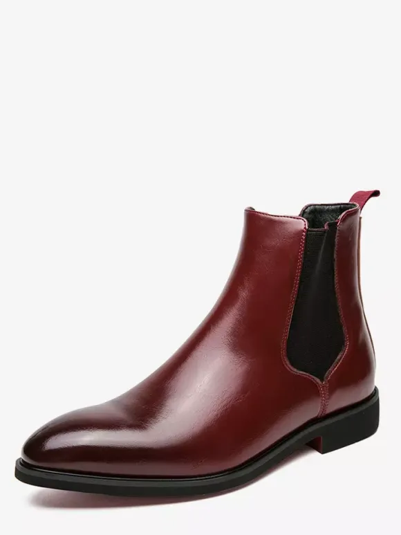Mens Wine Red Chelsea Boots Pointed Toe Low Heel Elastic Ankle Boots Dress Casual Slip-On