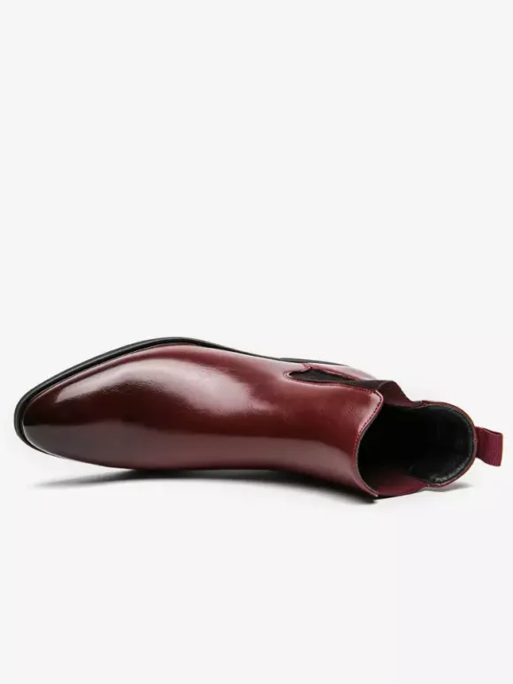 Mens Wine Red Chelsea Boots Pointed Toe Low Heel Elastic Ankle Boots Dress Casual Slip-On