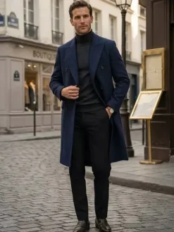 Men's Woolen Coats Mid-Length Double-Breasted Longline Pea Coats