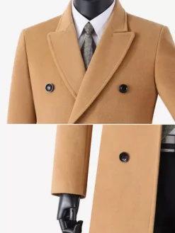 Men's Woolen Coats Mid-Length Double-Breasted Longline Pea Coats