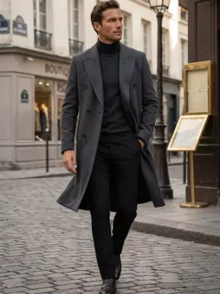 Men's Woolen Coats Mid-Length Double-Breasted Longline Pea Coats