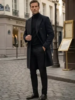 Men's Woolen Coats Mid-Length Double-Breasted Longline Pea Coats