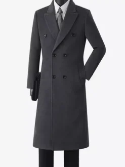 Men's Woolen Coats Mid-Length Double-Breasted Longline Pea Coats