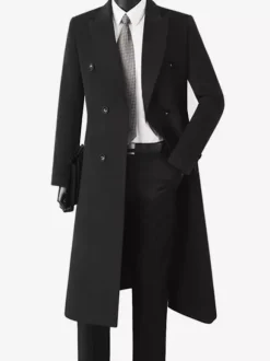 Men's Woolen Coats Mid-Length Double-Breasted Longline Pea Coats