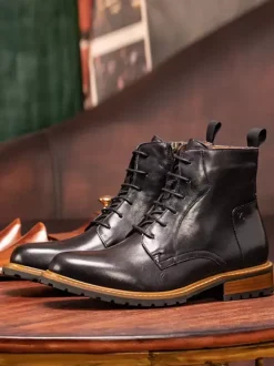 Men's Work Martin Boots Cowhide Classic Black Ankle Boots