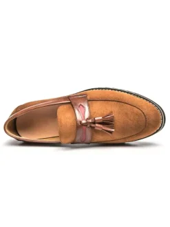 Men Tassel Loafer Shoes Slip On Pom Poms Round Toe Brown Loafers